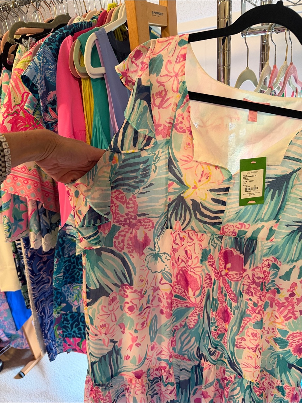 Lilly Pulitzer Pink, Green & Blue Tropical Floral Ruffle Dress - Picture 4 of 7